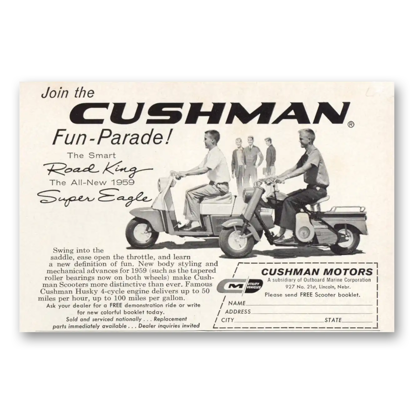 1959 Cushman Road King and Eagle Fun Parade Road King Super Eagle Vintage Magazine Print Ad