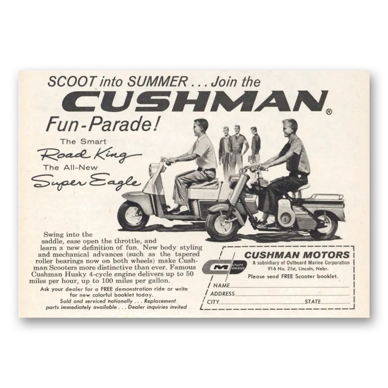 1959 Cushman Road King and Eagle Scoot Into Summer Fun Parade Vintage Magazine Print Ad