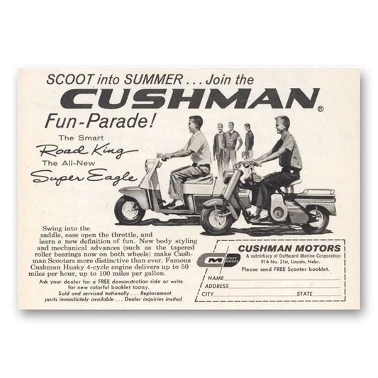 1959 Cushman Road King and Eagle Scoot Into Summer Fun Parade Vintage Magazine Print Ad