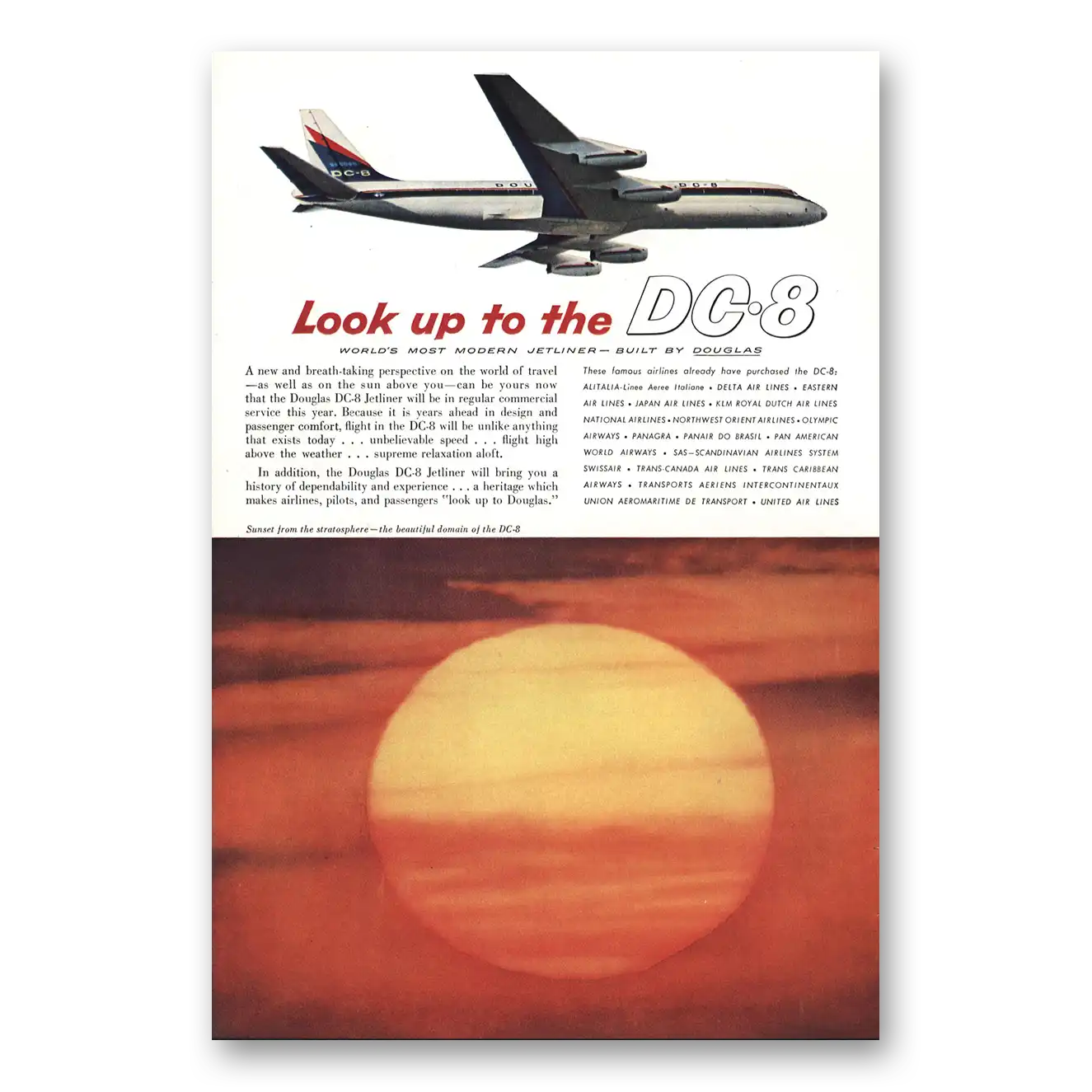 1959 Douglas DC8 Sunset from the Stratosphere Vintage Magazine Print Ad