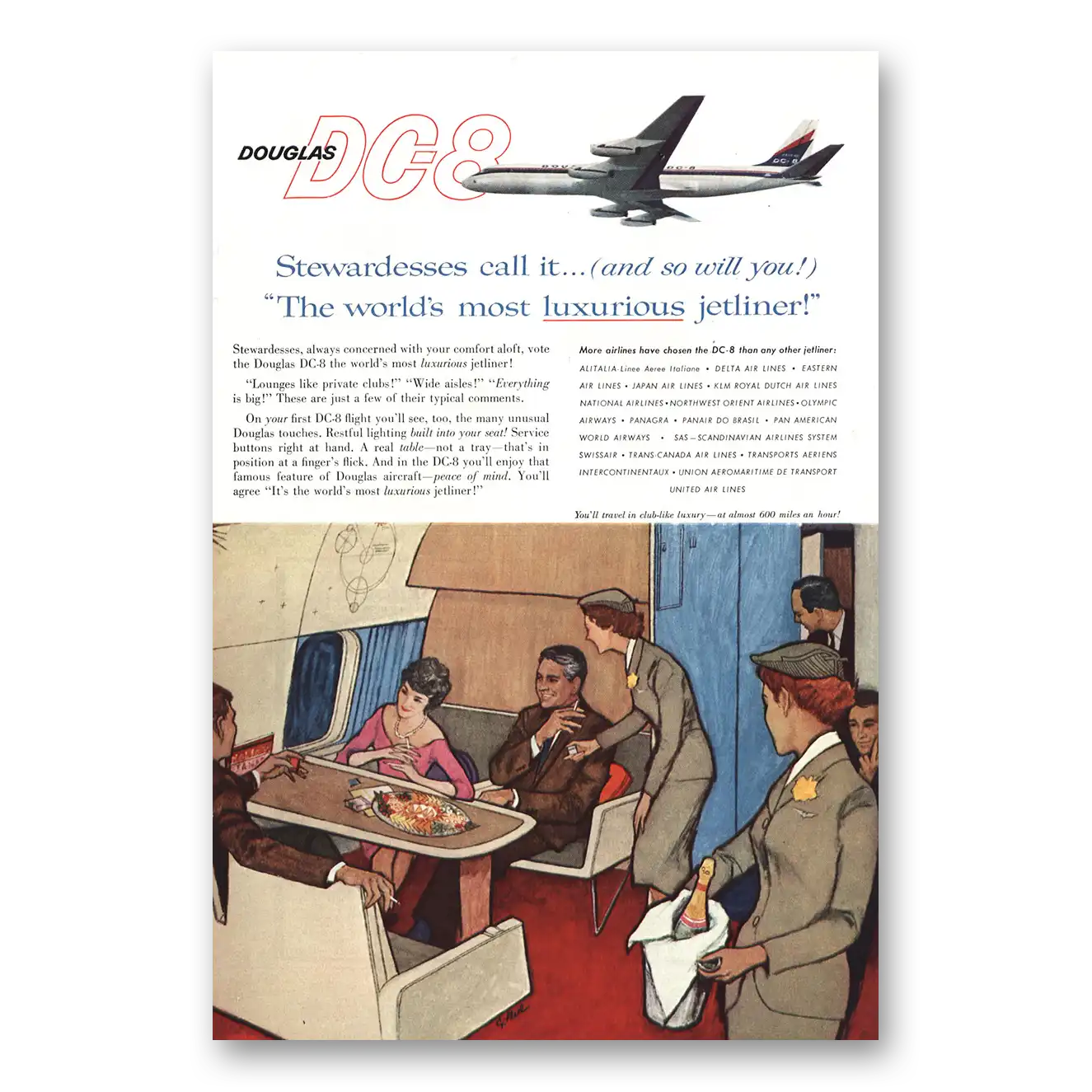 1959 Douglas DC8 Stewardesses Call It Luxurious Vintage Magazine Print Ad