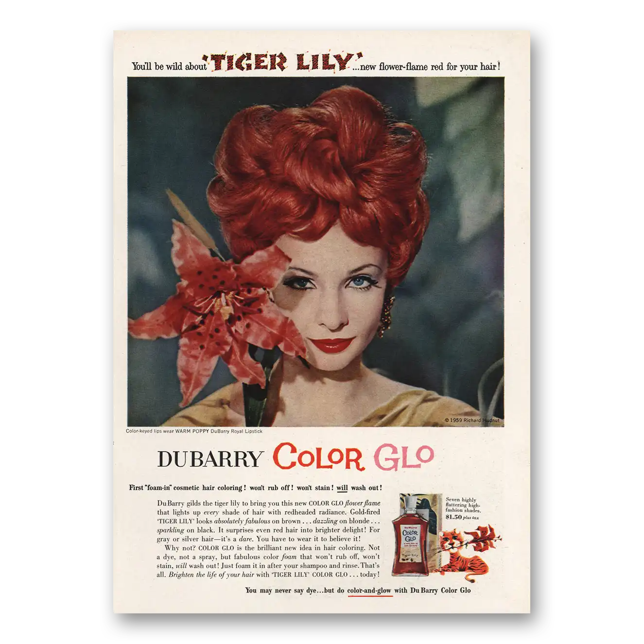 1959 DuBarry Beauty Color Glo Tiger Lily Vintage Magazine Print Ad