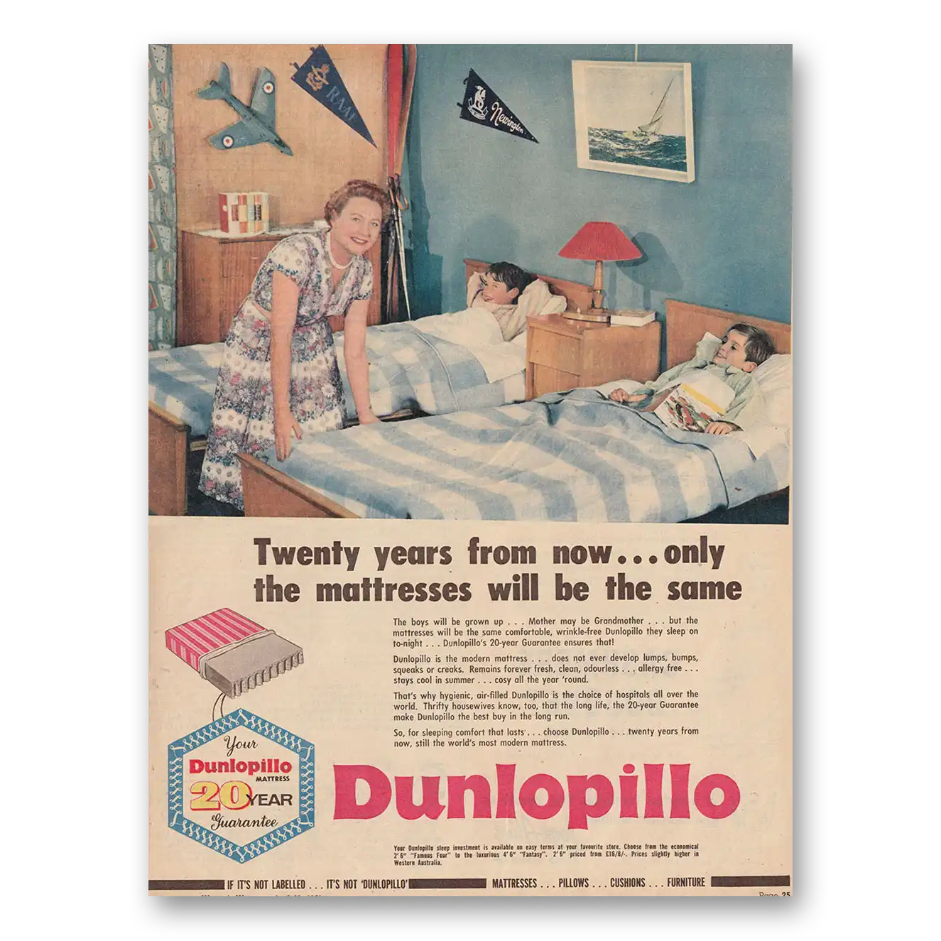 1959 Dunlopillo Mattress Twenty Years From Now Vintage Magazine Print Ad