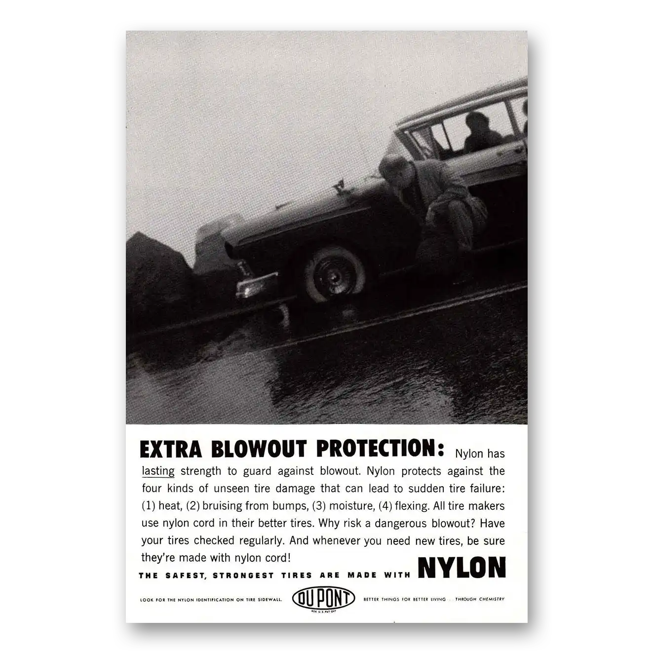 1959 DuPont Extra Blowout Protection Wet Road Vintage Magazine Print Ad