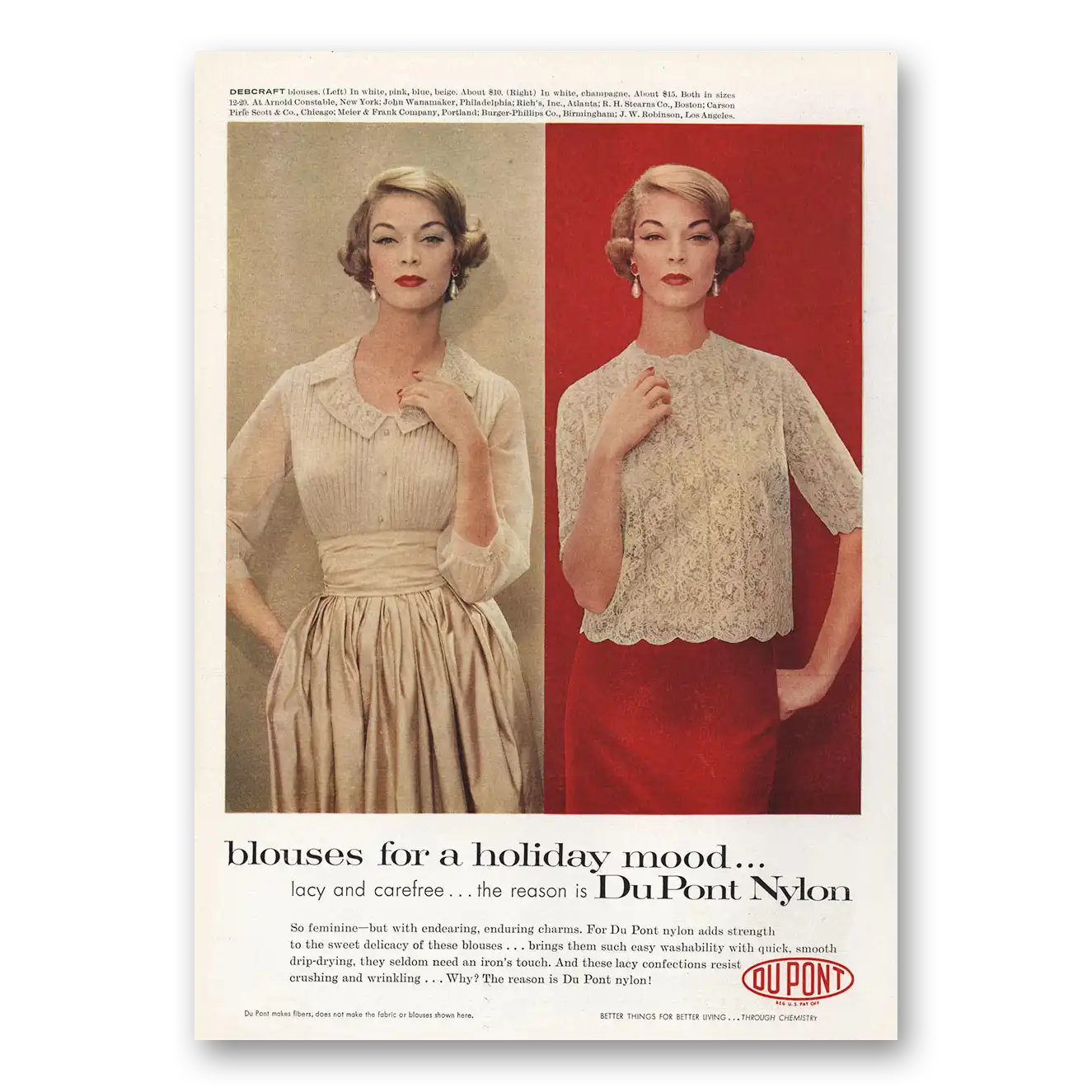 1958 DuPont Nylon Nylon Blouses for a Holiday Mood Vintage Magazine Print Ad