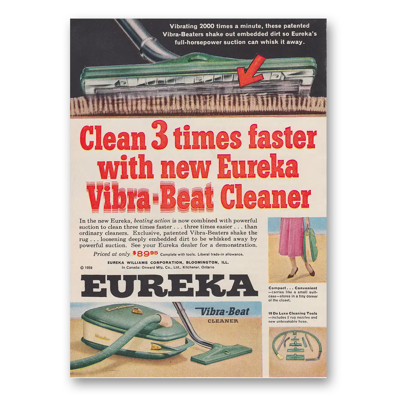 1959 Eureka Vacuum Cleaner Vacuum Clean 3 Times Faster Vibra Beat Cleaner Vintage Magazine Print Ad