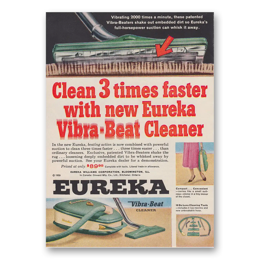 1959 Eureka Vacuum Cleaner Vacuum Clean 3 Times Faster Vibra Beat Cleaner Vintage Magazine Print Ad