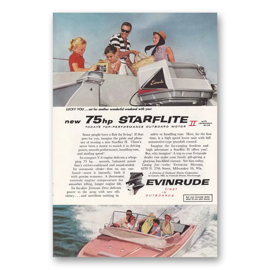 1959 Evinrude Lucky You Vintage Magazine Print Ad