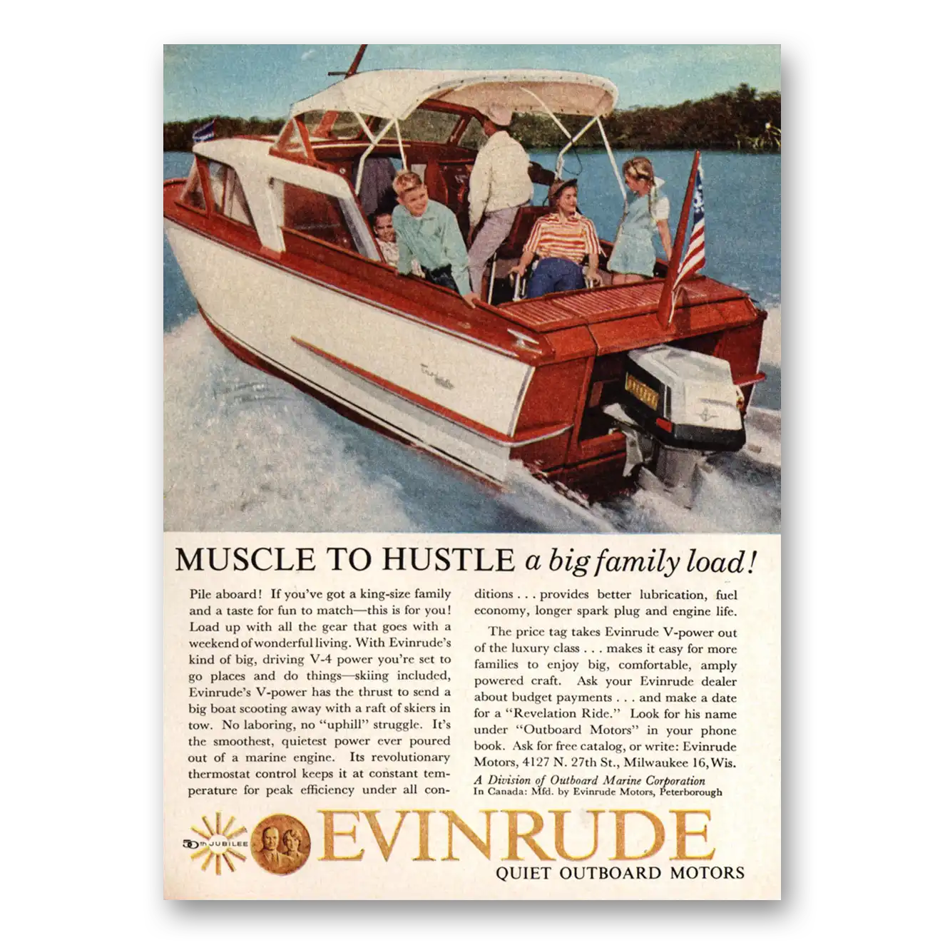 1959 Evinrude Muscle to Hustle a Big Family Load Vintage Magazine Print Ad