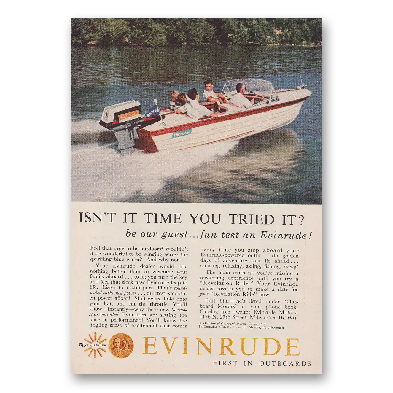 1959 Evinrude Isn't It Time You Tried It Vintage Magazine Print Ad