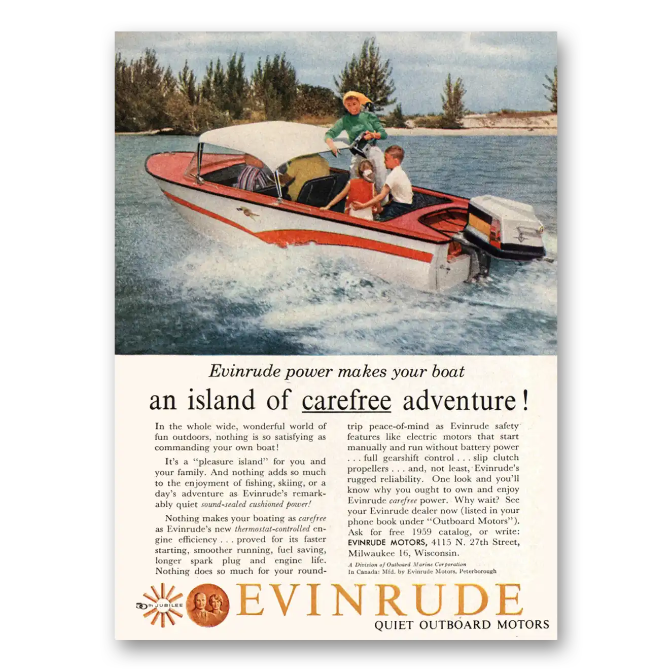 1959 Evinrude An Island of Carefree Adventure Vintage Magazine Print Ad