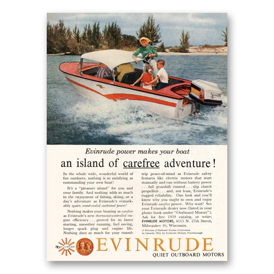 1959 Evinrude An Island of Carefree Adventure Vintage Magazine Print Ad