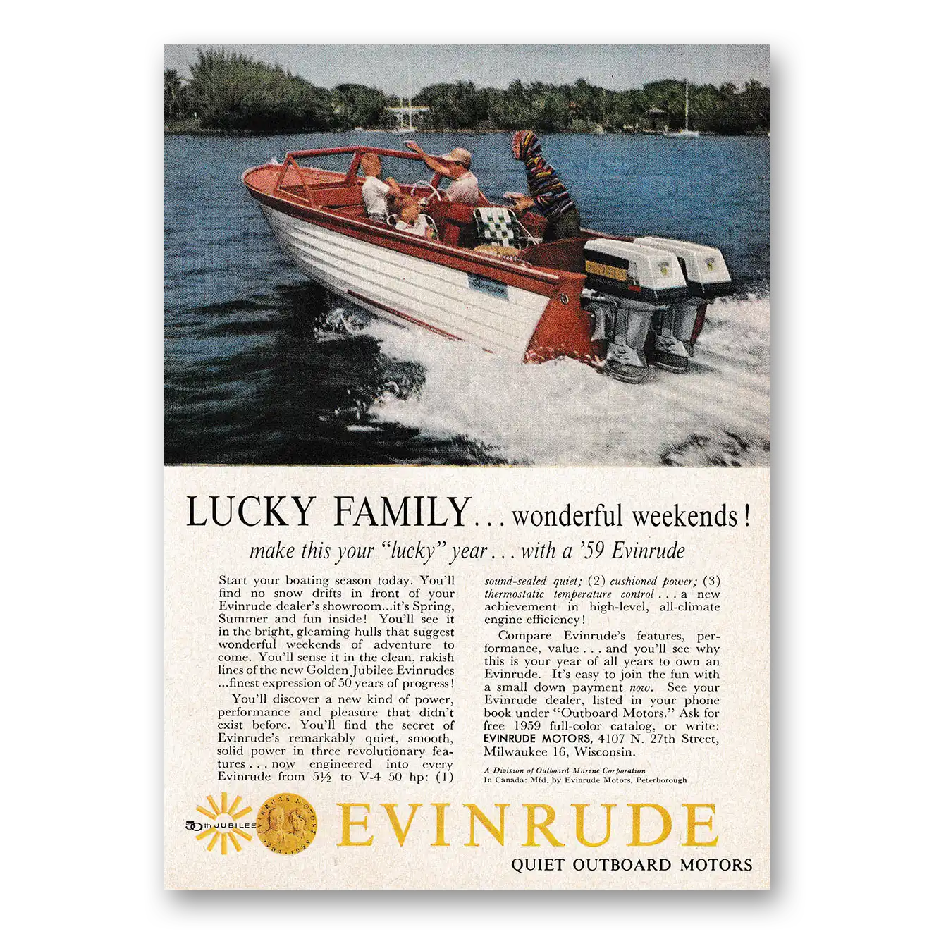 1959 Evinrude Lucky Family Wonderful Weekends Vintage Magazine Print Ad