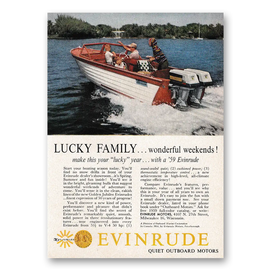 1959 Evinrude Lucky Family Wonderful Weekends Vintage Magazine Print Ad