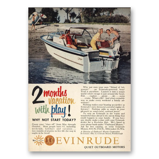 1959 Evinrude Vacation With Play Vintage Magazine Print Ad