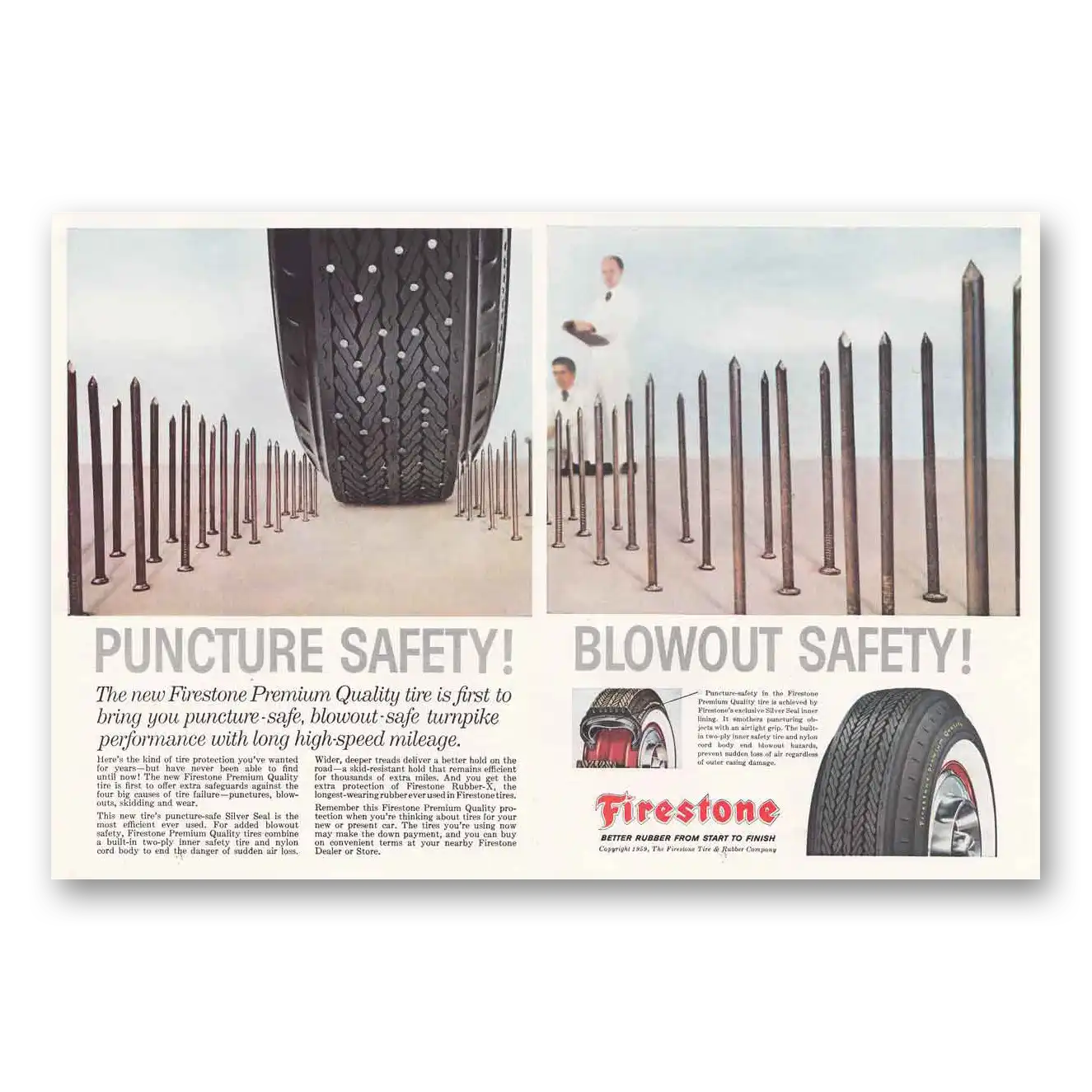 1959 Firestone Tires Puncture Safety Blowout Safety Vintage Magazine Print Ad