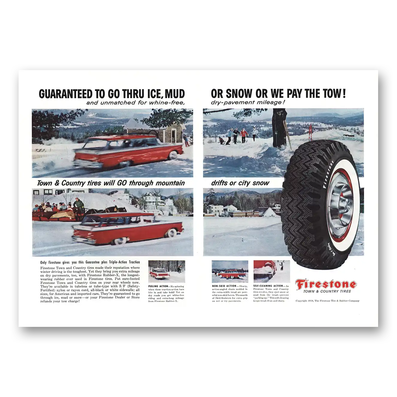 1959 Firestone Tires Guaranteed To Go Thru Ice Vintage Magazine Print Ad