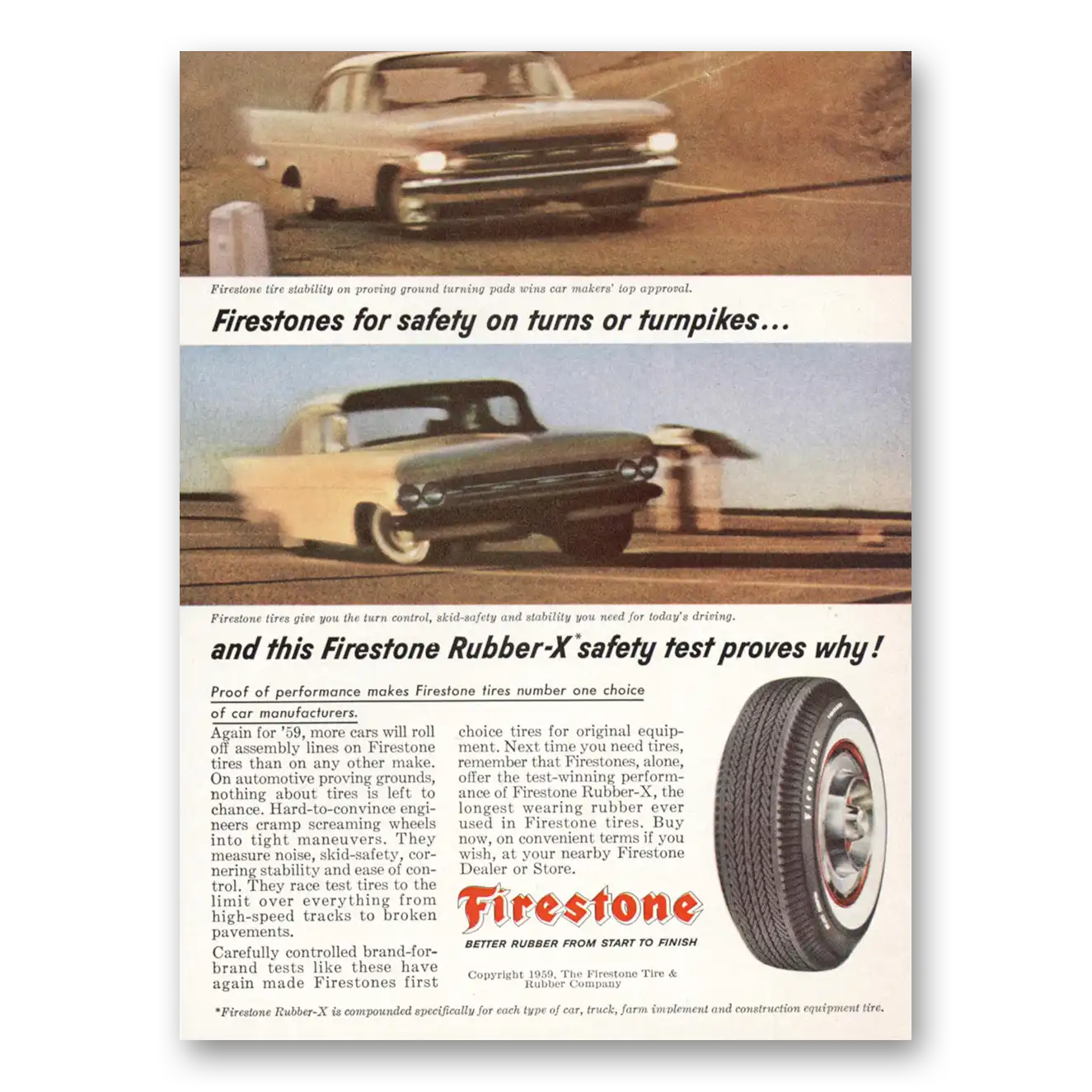 1959 Firestone Tires Safety On Turns or Turnpikes Vintage Magazine Print Ad