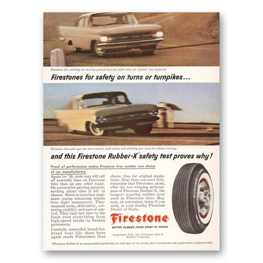 1959 Firestone Tires Safety On Turns or Turnpikes Vintage Magazine Print Ad