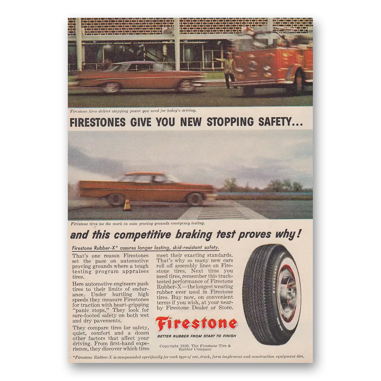 1959 Firestone Tires New Stopping Safety and This Competitive Braking Test Vintage Magazine Print Ad