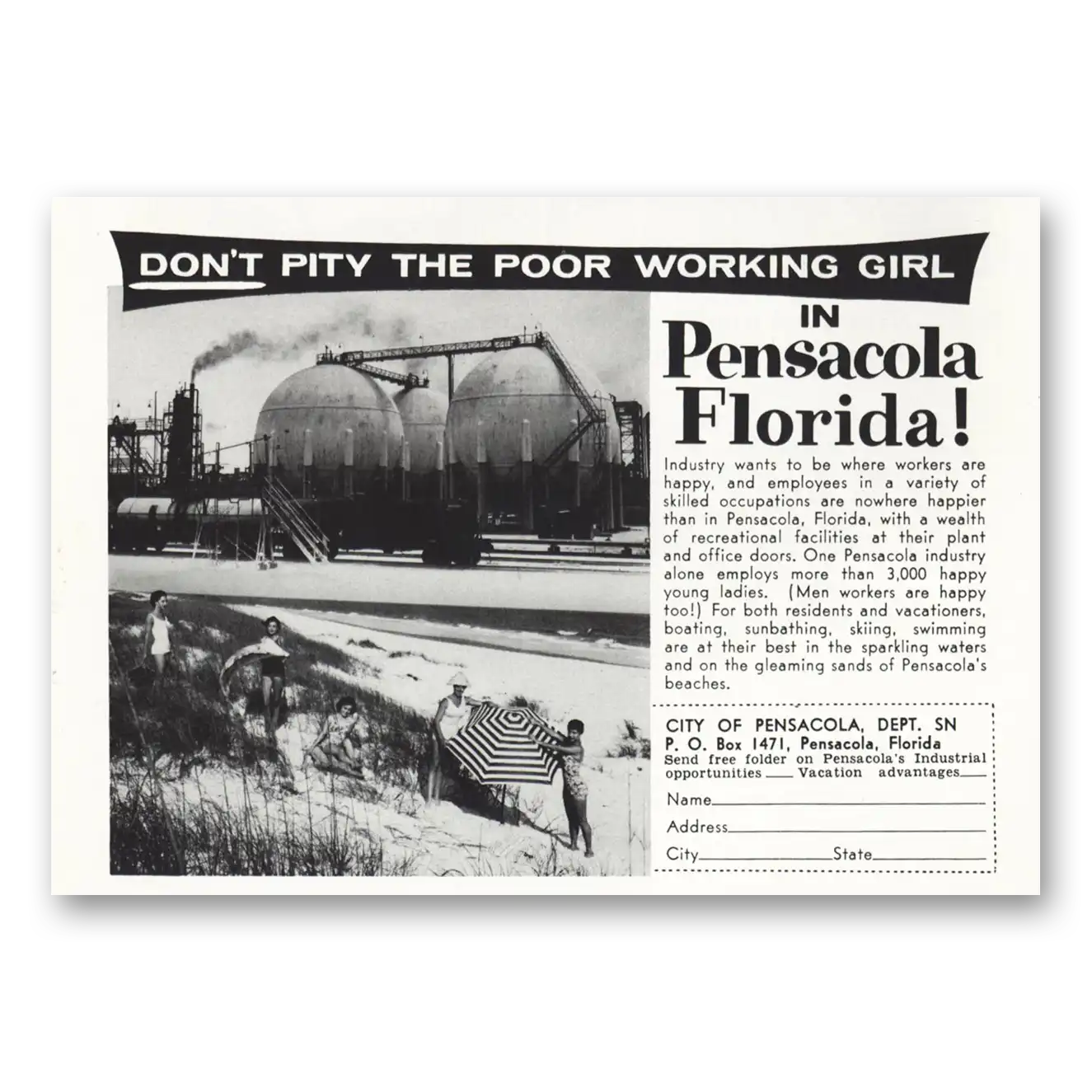 1959 Pensacola Florida Don’t Pity the Poor Working Girl Vintage Magazine Print Ad