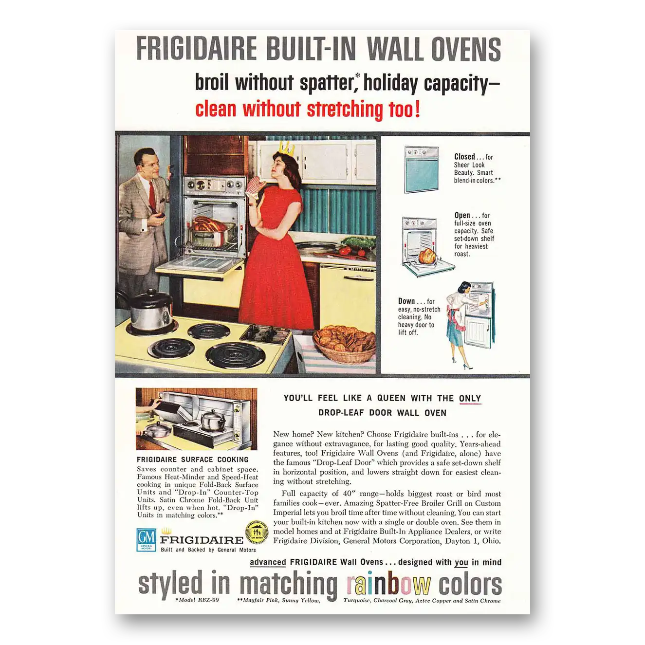 1959 Frigidaire Oven Range Built In Wall Ovens Queen Rainbow Vintage Magazine Print Ad