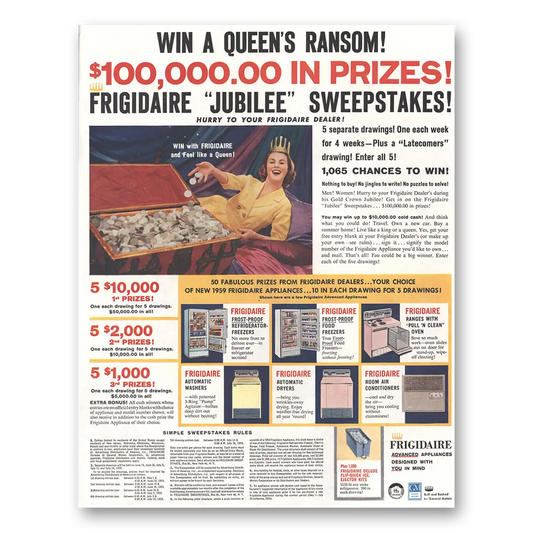 1959 Frigidaire Win a Queens Ransom Vintage Magazine Print Ad