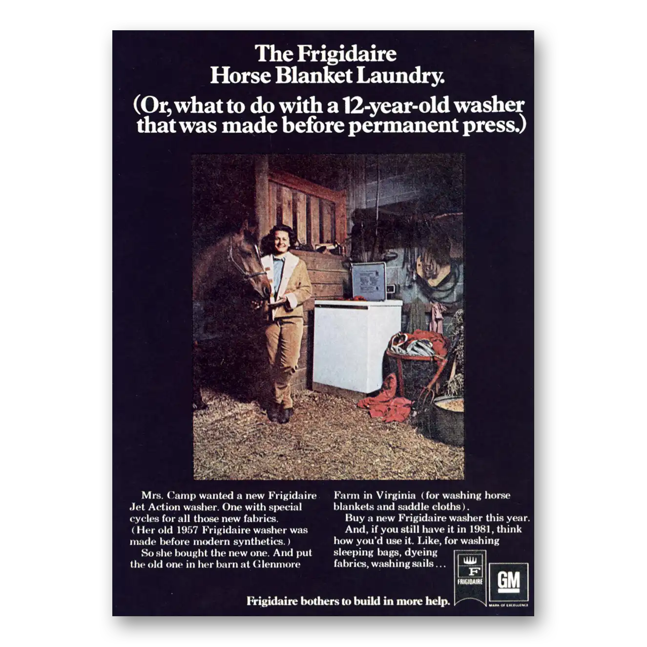 1959 Frigidaire Washer Horse Blanket Laundry Vintage Magazine Print Ad