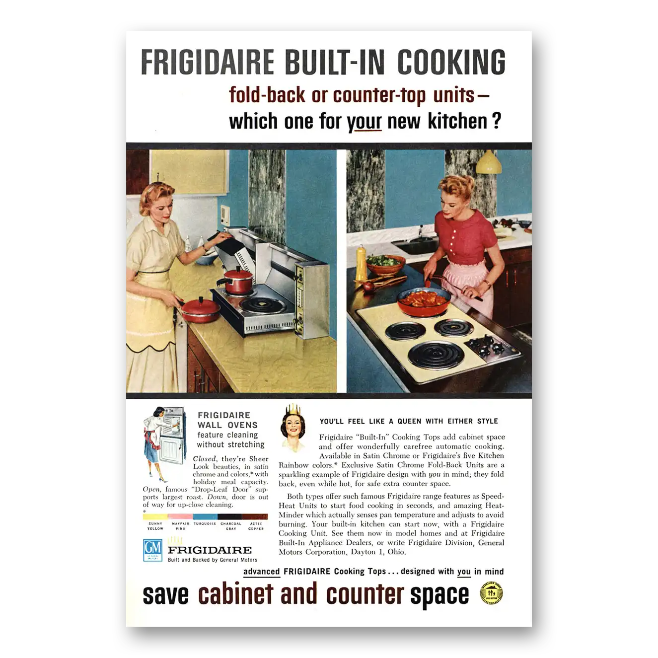 1959 Frigidaire Oven Range Built In Cooking Fold Back Vintage Magazine Print Ad