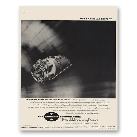 1959 Garrett AiResearch One Million Hours Packed Into 30 Seconds Vintage Magazine Print Ad