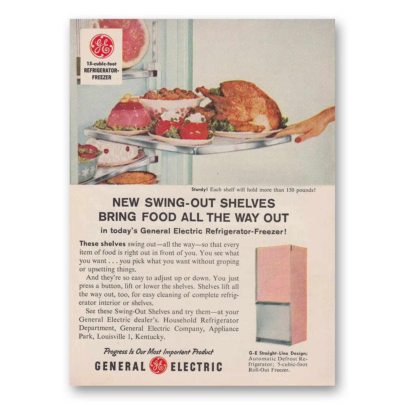 1959 General Electric Refrigerator New Swing Out Shelves Vintage Magazine Print Ad