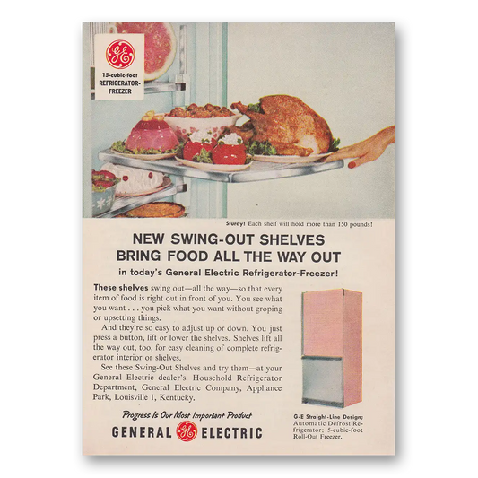 1959 General Electric Refrigerator New Swing Out Shelves Vintage Magazine Print Ad