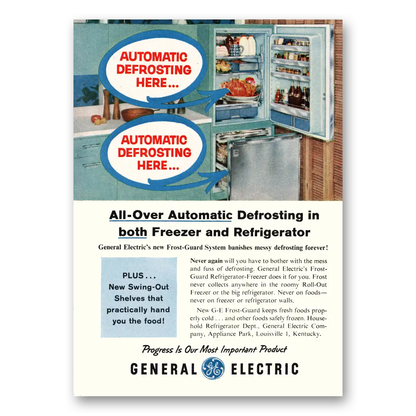 1959 General Electric Refrigerator All Over Automatic Defrosting Vintage Magazine Print Ad