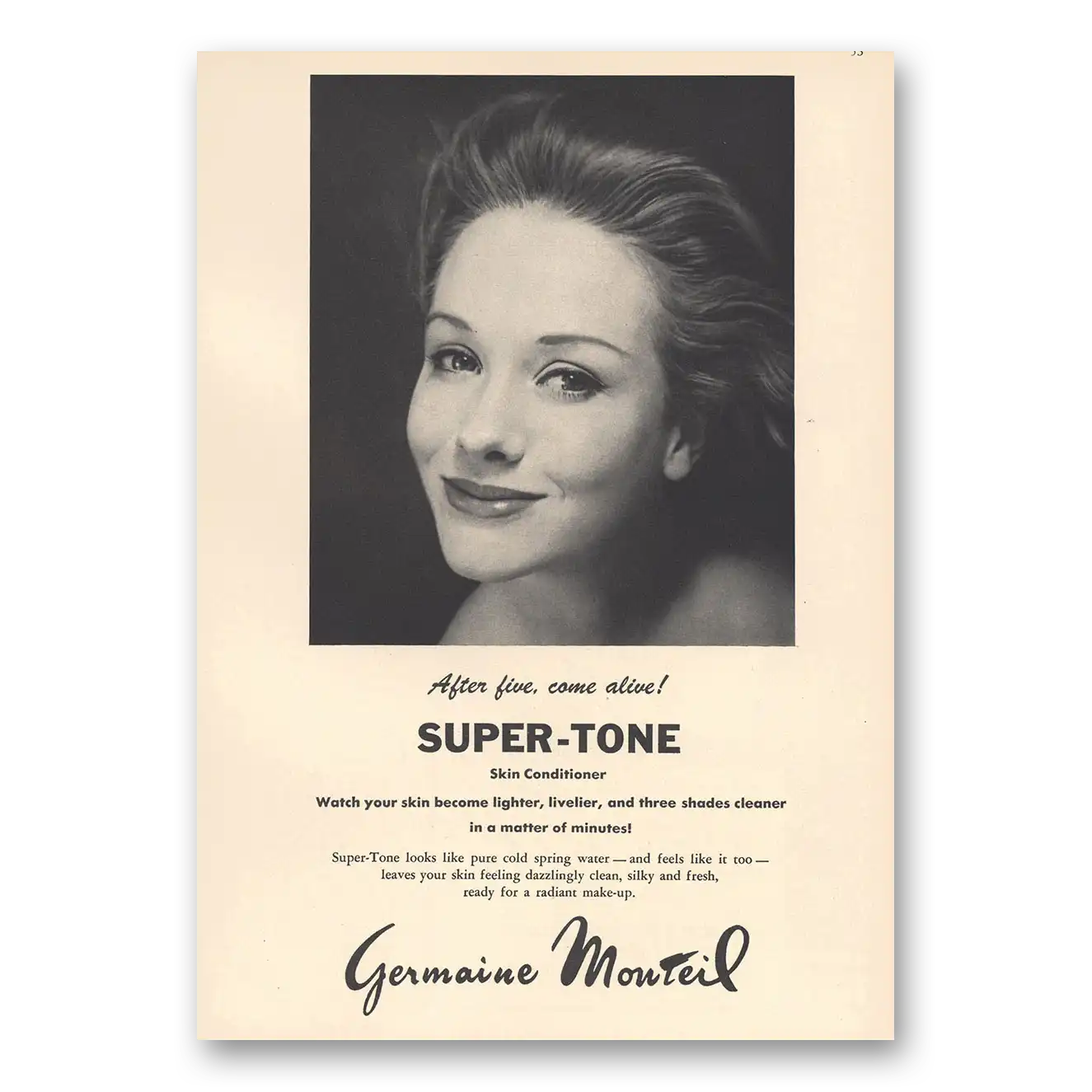 1959 Germaine Monteil Cosmetics After Five Come Alive Super Tone Vintage Magazine Print Ad