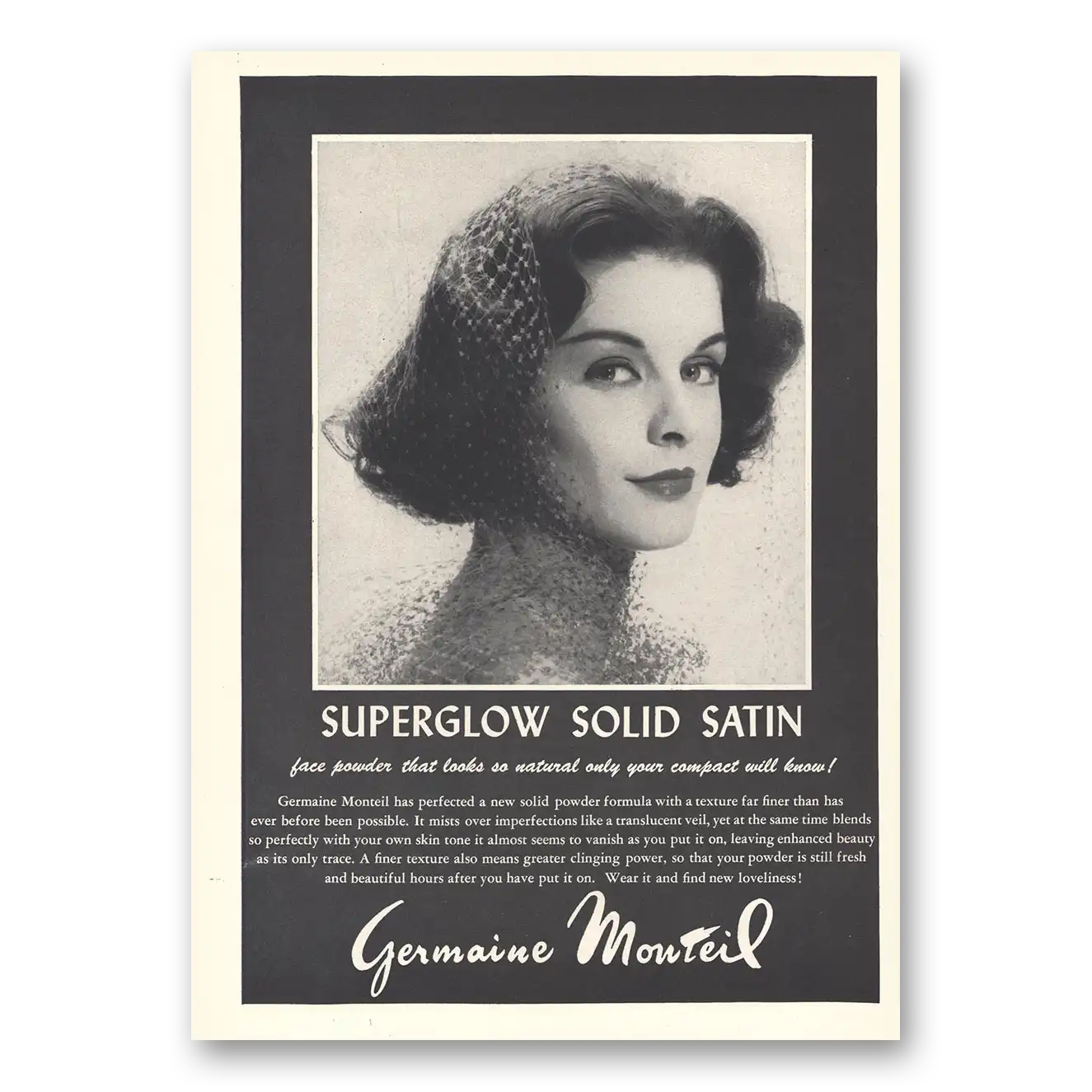 1959 Germaine Monteil Cosmetics Superglow Solid Satin Vintage Magazine Print Ad