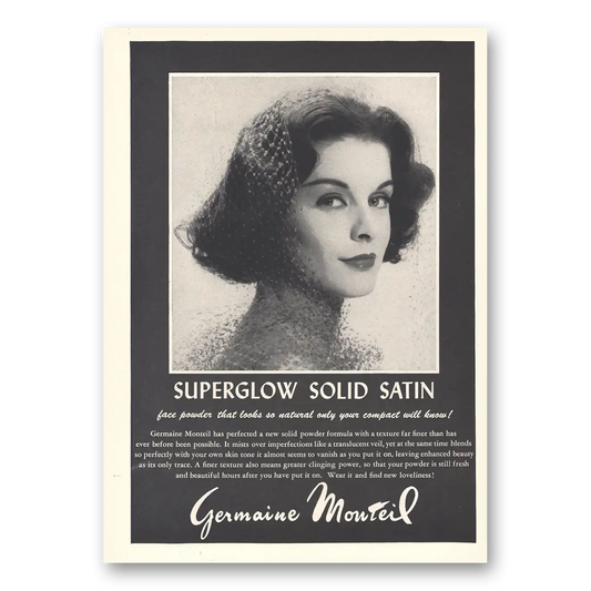 1959 Germaine Monteil Cosmetics Superglow Solid Satin Vintage Magazine Print Ad