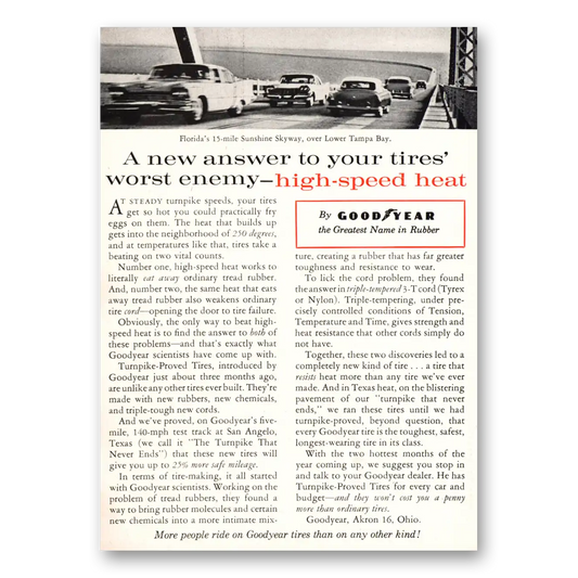 1959 Goodyear Tires Florida Sunshine Skyway Lower Tampa Bay Vintage Magazine Print Ad