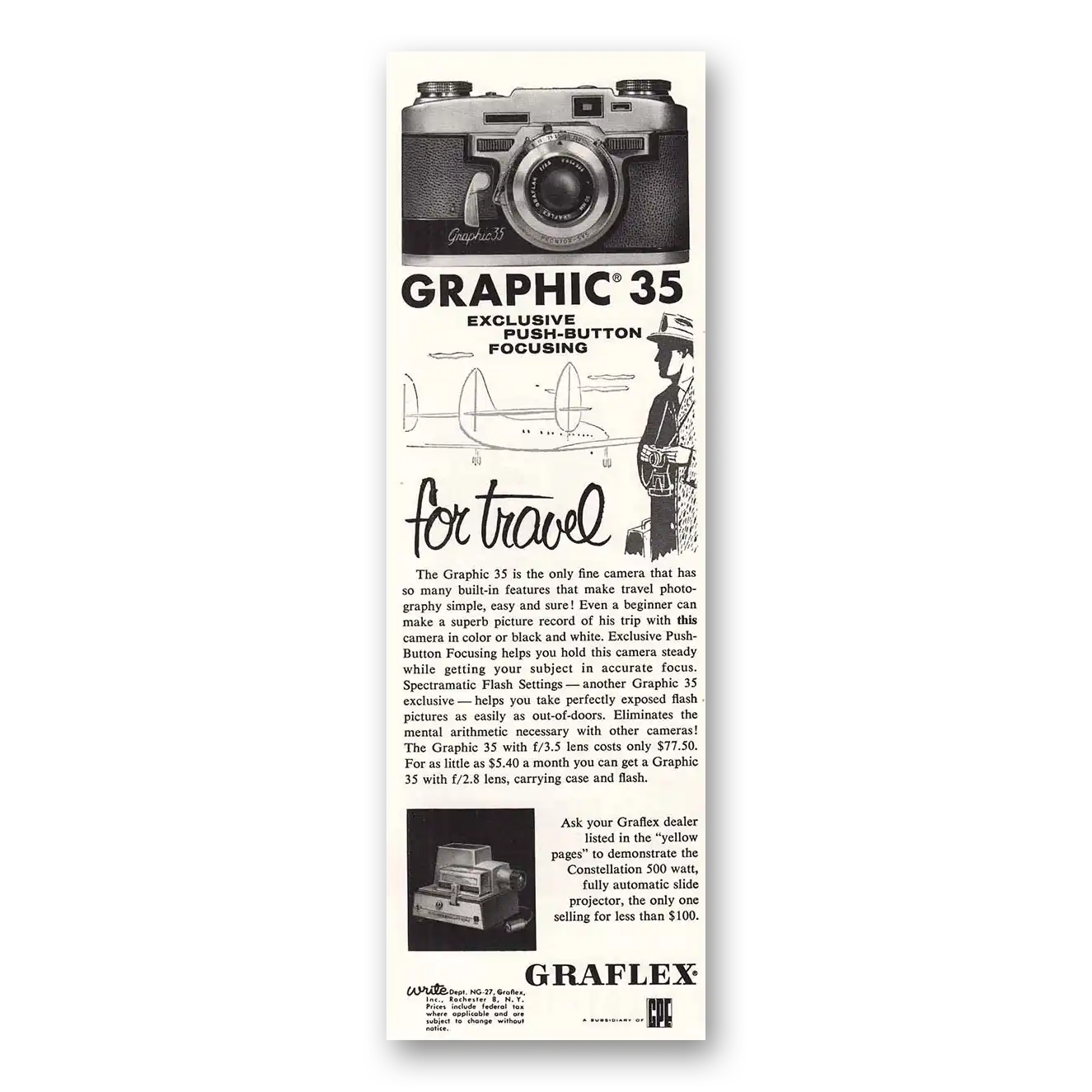 1959 Graflex Cameras Push Button Focusing For Travel Vintage Magazine Print Ad