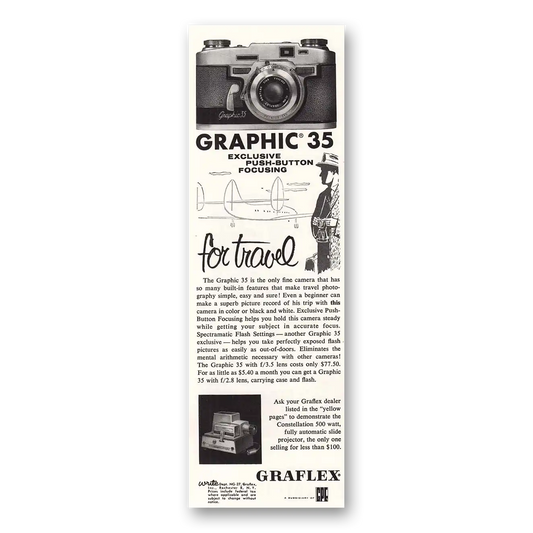 1959 Graflex Cameras Push Button Focusing For Travel Vintage Magazine Print Ad