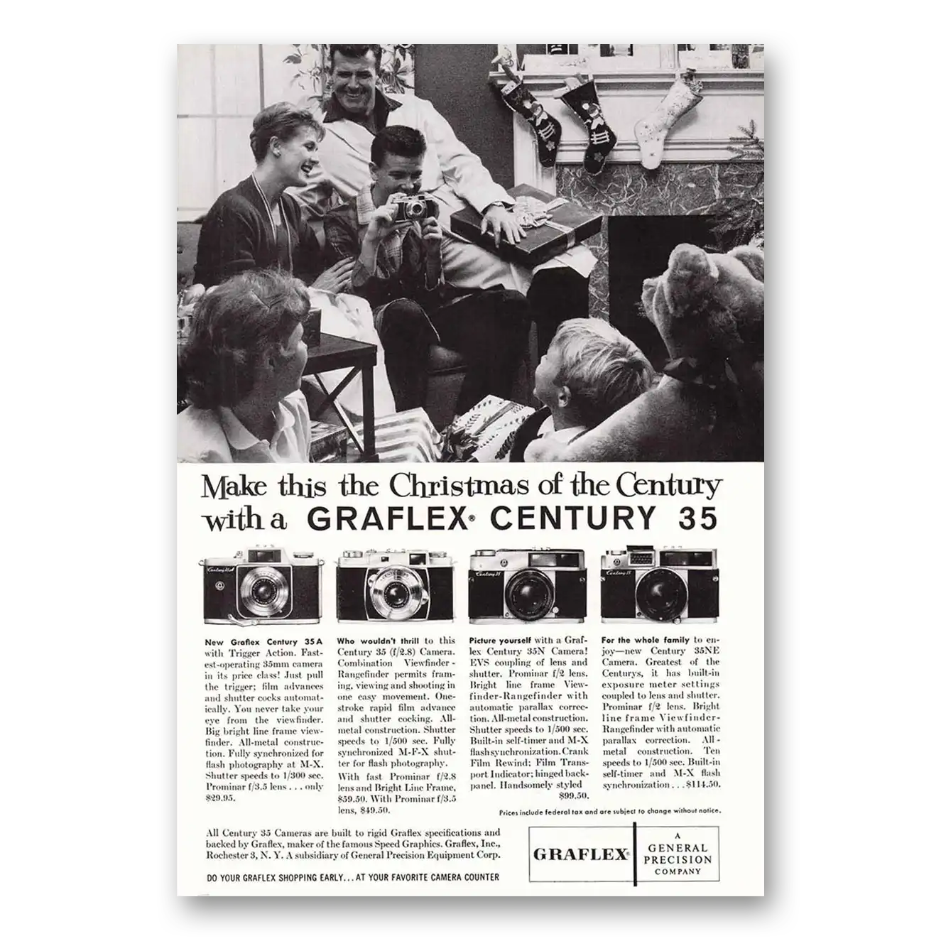 1959 Graflex Cameras Century 35 Christmas of the Century Vintage Magazine Print Ad