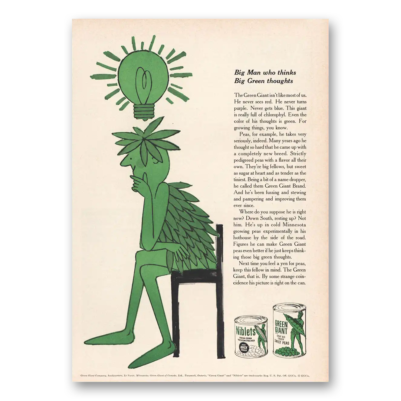 1959 Green Giant Big Man Who Thinks Big Green Thoughts Vintage Magazine Print Ad