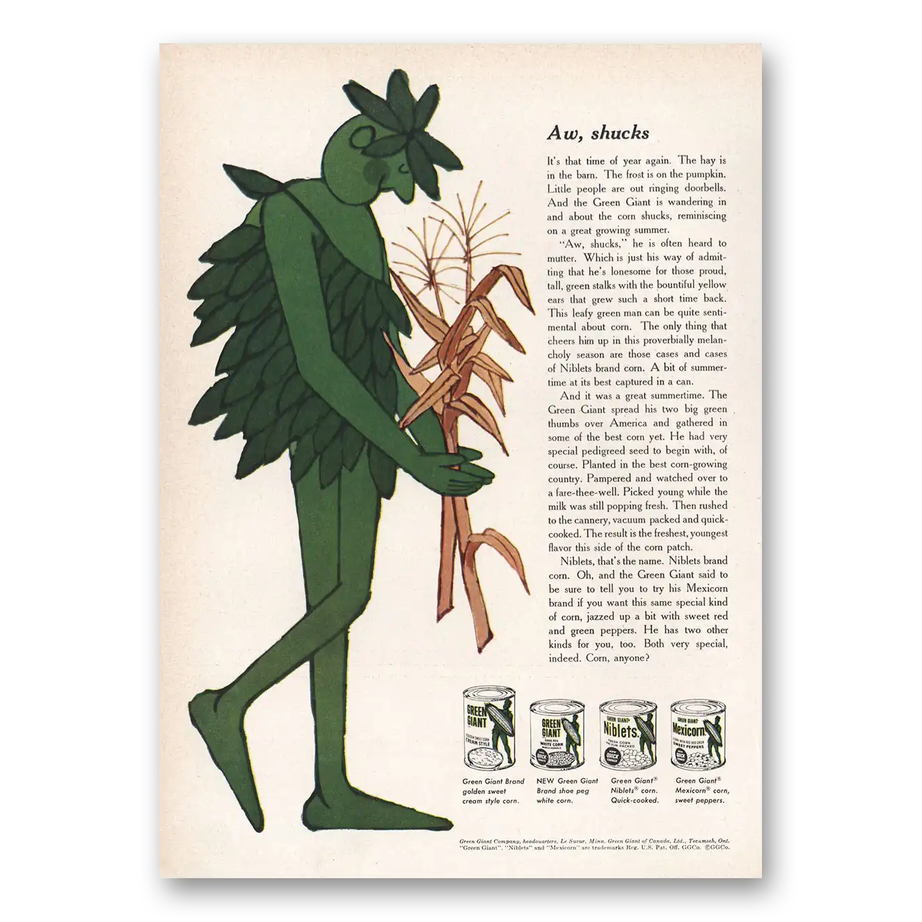 1959 Green Giant Aw Shucks Vintage Magazine Print Ad