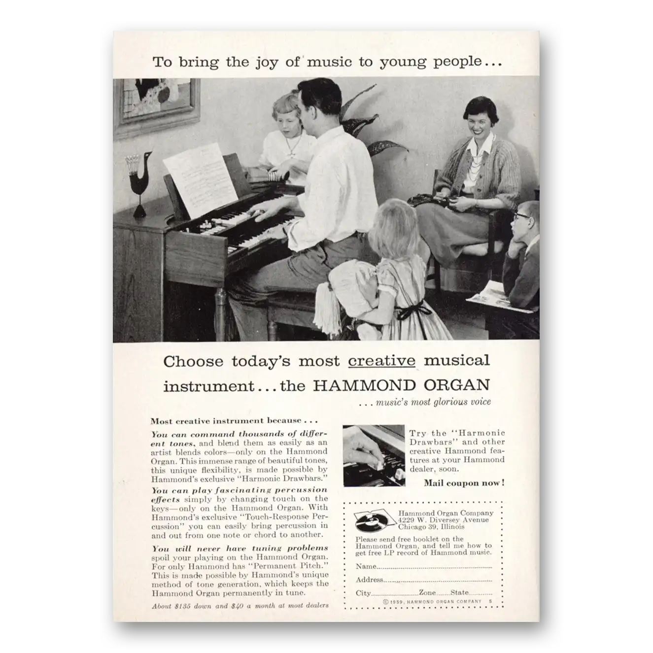 1959 Hammond Organ Bring the Joy of Music to Young People Vintage Magazine Print Ad