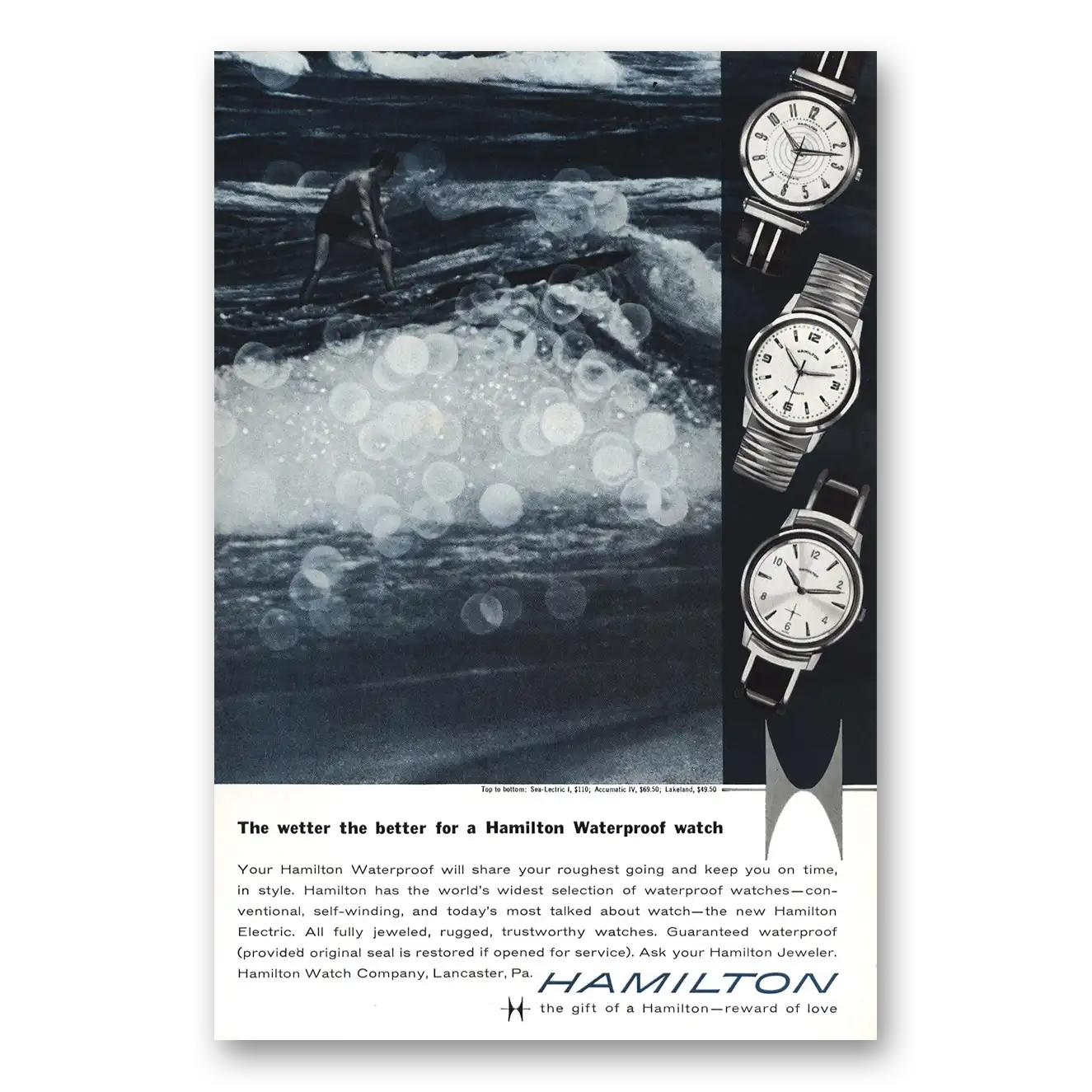 1959 Hamilton Watch Wetter the Better Vintage Magazine Print Ad