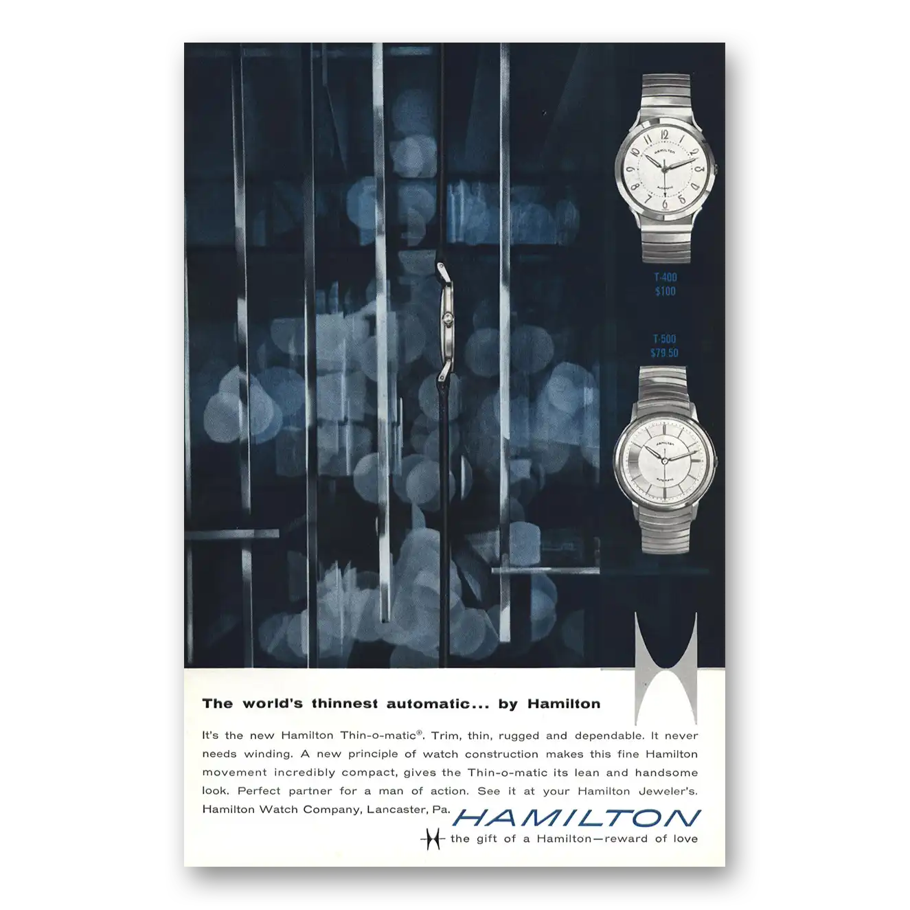 1959 Hamilton Watch Worlds Thinnest Automatic Vintage Magazine Print Ad