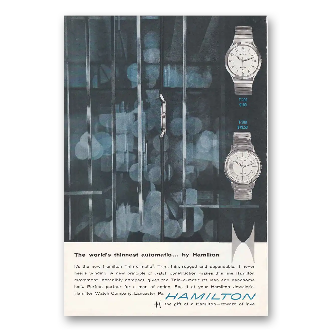 1959 Hamilton Watch Worlds Thinnest Automatic Vintage Magazine Print Ad