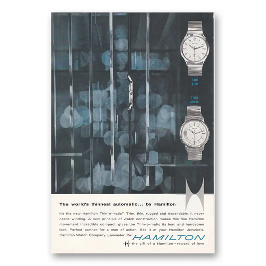 1959 Hamilton Watch Worlds Thinnest Automatic Vintage Magazine Print Ad