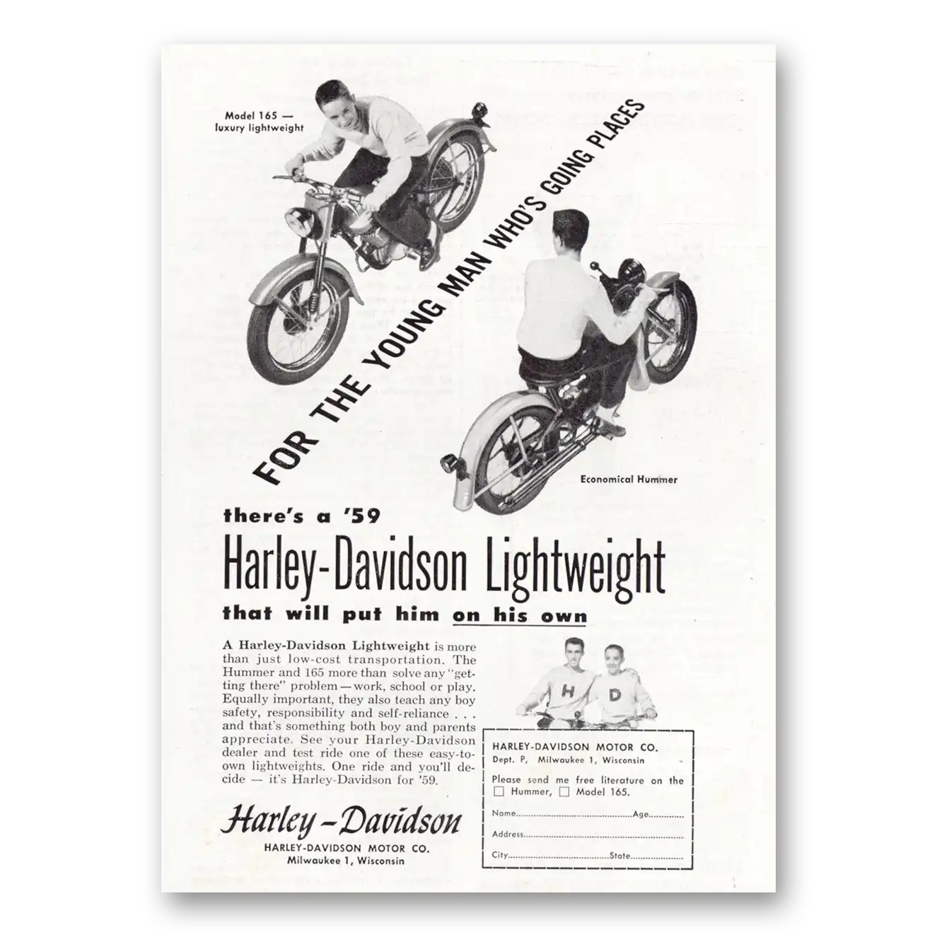 1959 Harley Davidson 165 For the Young Man Whos Going Places Vintage Magazine Print Ad