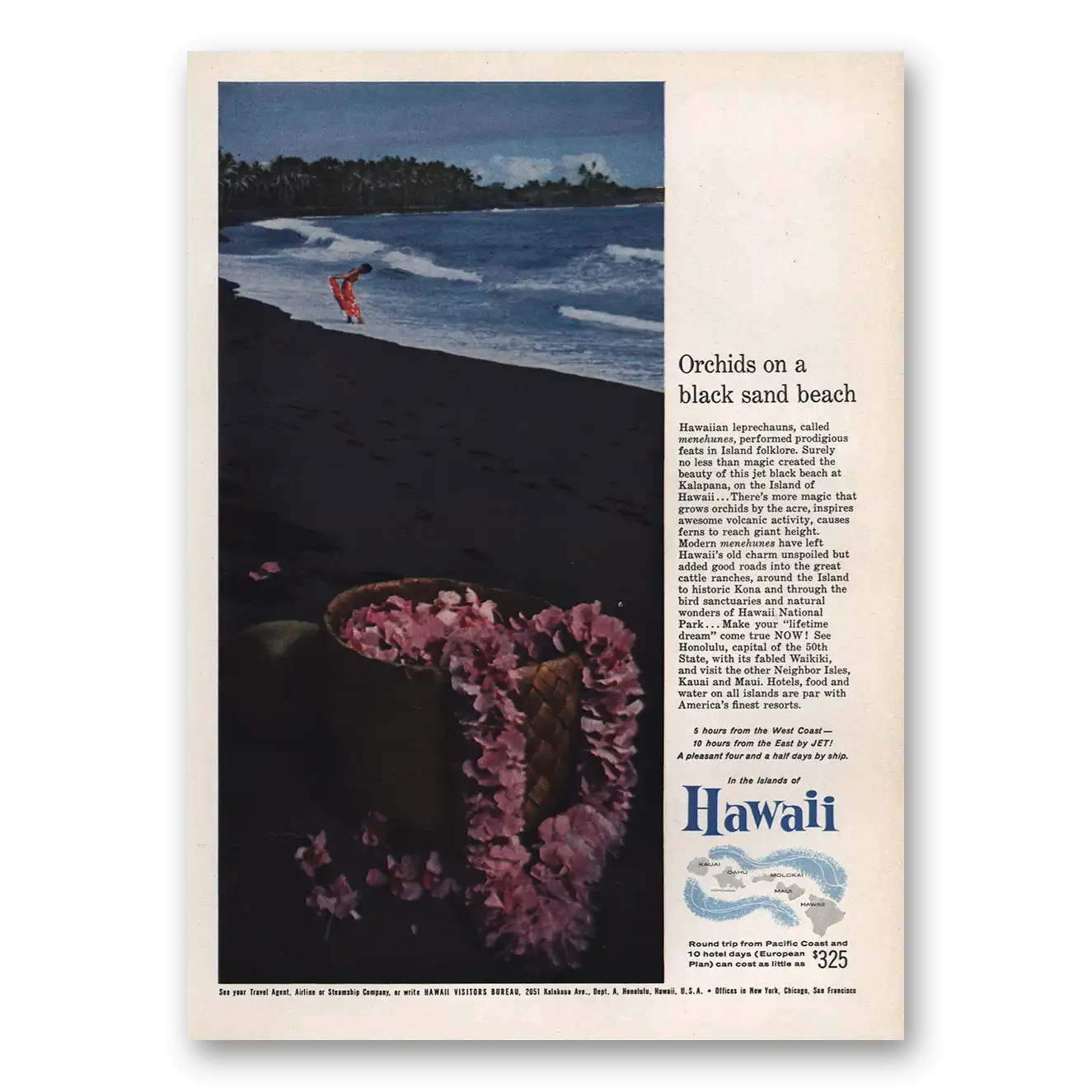 1959 Hawaii Orchids On a Black Sand Beach Vintage Magazine Print Ad