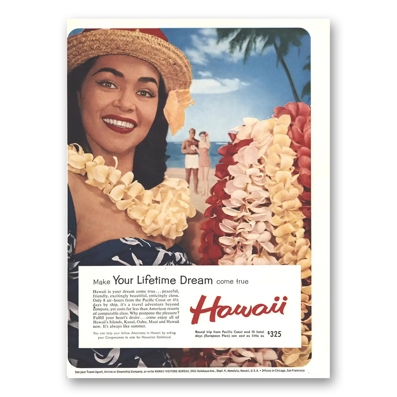 1959 Hawaii Make Your Lifetime Dream Come True Vintage Magazine Print Ad